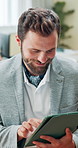 Tablet, smile and research with business man in office for investment app, client portfolio and planning. Account review, banking advisor and report with person in agency for schedule and online