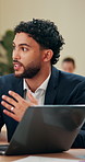 Financial advisor, man and consultation with laptop in office for portfolio management, investment advice or tax planning. Business, meeting and discussion at desk for insurance benefits and budget