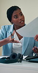 Documents, research and planning with business woman in office for client information, project update and report. Paperwork, consultant and schedule with person in agency for feedback briefing
