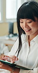 Tablet, happy and businesswoman with research in office with confidence for company profit report. Digital technology, pride and Asian female financial planner with email for investment deal approval