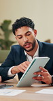 Office, meeting and businessman with discussion for tablet, finance feedback and consultant. Talking, client and financial advisor with tech for risk management, review research and investment report