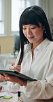 Tablet, scroll and reading with business woman in office for investment app, client portfolio and planning. Account review, banking advisor and report with person in agency for schedule and online
