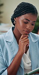 Idea, tablet and thinking with business woman in office for investment banker, reflection and research. Vision, feedback and account manager with person in finance firm for profit and advisor