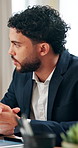 Talking, negotiation and man in boardroom, meeting and ideas for project in company or collaboration. Brainstorming, people and discussion for campaign in marketing agency, media buyer and teamwork