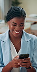 Office, phone and business black woman laugh for networking, social media and internet for emails. Professional, corporate and worker on smartphone for connection, contact and online communication 