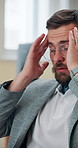 Business, headache and man in office, pain and overworked with deadline, journalist and burnout. Person, writer and magazine editor with migraine, pressure and stress with health risk and fatigue
