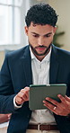 Tablet, scroll and research with business man in office for investment app, client portfolio and planning. Account review, banking advisor and report with person in agency for schedule and online