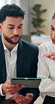 Business, people and discussion with tablet in office for company growth projection or risk assessment. Finance analyst, teamwork and digital checklist for financial planning and investment update