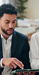 Business, people and talking with tablet in office for company growth projection, risk assessment or review. Finance analyst, teamwork and digital app for financial planning and investment proposal
