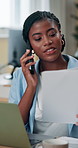 Business, black woman and phone call with document for information, client feedback and finance report. Accountant, mobile and discussion with paperwork, investment proposal and schedule negotiation