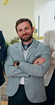 Businessman, face and arms crossed in creative agency, startup job and entrepreneur in office. People, portrait and professional event planner for project management, coordinator or proud employee