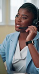 Business. headset and black woman with laptop, call center and telemarketing with help desk. African person, employee and consultant in workplace, conversation and advice with discussion and support