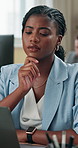 Business, thinking and woman in office, laptop and research for article, choice and problem solving. Person, magazine editor and journalist in workplace, pc and creativity with online reading or idea