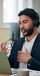 Business, laptop and man in office, video call and headset for virtual seminar, talking and expert. Person, employee and consultant in workplace, headphones and computer with online meeting or advice