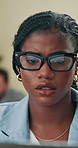Business, thinking and woman in office, glasses and research for article, stress and problem solving. African person, magazine editor or journalist with deadline, pc or creativity with online reading