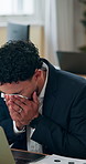 Business, person and sneeze at laptop in office, allergies or tissue for cleaning. Man accountant, sick or reaction in workplace with sinus, covid 19 or blowing nose at computer to relieve congestion