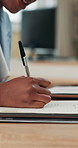 Meeting, writing and hands of business woman with notes for planning, strategy and research. Professional office, corporate and workers with notebook for report, review and proposal in discussion