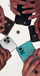 Below, phone and hands of people in circle for communication, contact and networking. Professional, corporate and men and women on smartphone for connection, website and social media on mobile app