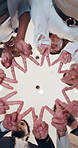 Peace sign, below and hands of business people in office for teamwork, collaboration and partnership. Low angle, corporate diversity and men and women in circle for connection, support and solidarity