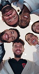 Below, face and business people with teamwork, circle and diversity with support, cooperation and about us. Low angle, happy group and employees with partnership, synergy and collaboration in office
