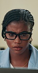 Business, thinking and black woman with glasses, laptop and research for article, deadline and stress. Person, magazine editor and journalist with pc, confused or frustrated with creative and anxiety