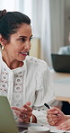 Business people, laptop and woman with conversation, planning and share ideas for article. Magazine editor, employees and journalist in office, pc and discussion with advice, help and feedback