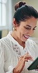 Tablet, smile and research with business woman in office for investment app, client portfolio and planning. Account review, banking advisor and report with person in agency for schedule and online