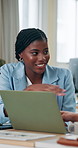 Business people, laptop and woman with conversation, funny and share ideas for article. Magazine editor, employees and journalist in office, pc and discussion with advice, laughing and collaboration
