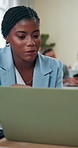 Business people, funny and woman with laptop, conversation and advice for report. Employees, copywriting and journalist in office, computer and editing with feedback, laughing or internet with review