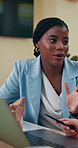Business people, funny and woman with laptop, discussion and feedback for report. Employees, copywriting and journalist in office, computer and editing with advice, laughing or connection with review