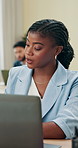 Laptop, business people and woman in meeting in office for teamwork, collaboration or discussion. Corporate, computer and workers talking for online planning, project ideas or feedback for proposal