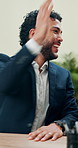 Business, man and high five with celebration in meeting for company performance, good news or finance profit. Financial analyst, excited employees and team support for funding approval or achievement