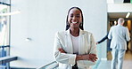 Arms crossed, confident and face of business black woman in convention center for career or upskill development. Conference, corporate and smile with happy employee at tradeshow for opportunity