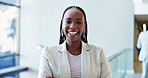 Arms crossed, face and smile of business black woman in convention center for career or upskill development. Conference, confident and corporate with happy employee at tradeshow for opportunity