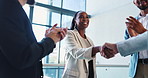 Business woman, handshake and applause for meeting in conference, company seminar or acquisition. Staff, partnership and investment celebration in merger, negotiation success or clapping for support