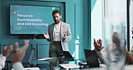Presentation, applause and businessman in office with team for sustainability and ESG investing. Discussion, clapping hands and company speaker with bankers for finance proposal with investment.