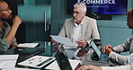 CEO, document and business man in discussion for ecommerce, planning and brainstorming. Teamwork, cooperation and manager speaking in office for meeting, strategy and idea for online sales growth