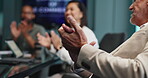 Business, celebration or hands of people with applause for corporate funding approval, good news or investment deal. Presentation, finance employees and clapping in office for achievement or teamwork