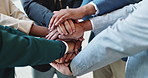 Pile of hands, circle and business people in office with unity, collaboration and teamwork. Solidarity, connection and group of coworkers with partnership for synergy, trust and bonding in meeting.