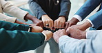 Fist bump, circle and business people in office with unity, collaboration and teamwork. Solidarity, connection and group of coworkers with hands together for synergy, trust and bonding in meeting.