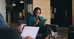 Business, music and tablet with black woman in airport lobby for planning, streaming or travel. Chair, headphones and research with happy African employee in terminal for web design or development