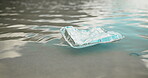 Water pollution, trash and container litter at beach for waste management fail or illegal garbage disposal. Nature, rubbish or floating in ocean for recycling mess, dirt problem or environment hazard