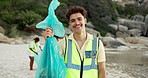 Face, seaside and man with trash bag, volunteer and sustainability with environment. Pride, person and recycle with plastic collection, eco friendly or beach with waste management or accountability