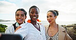Outdoor, friends and hug with selfie for travel, holiday memory and bonding together with happiness. Group of people, women and smile with photography for social media, profile picture and vacation