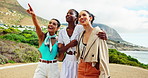 Outdoor, friends and hug with walking for travel, holiday and bonding together with conversation. Group of people, women and laughing with pointing for adventure, vacation and fashion style in nature