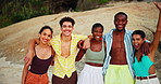 Happy, group and face of friends by beach on tropical vacation, travel or holiday together. Excited, portrait and students by ocean for spring break, weekend trip or getaway with freedom by seaside.