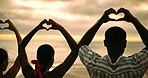 Beach, friends and love with heart sign for vacation, solidarity and bonding together on summer holiday. Group of people, connection and relationship with hands for shape, freedom or travel from back