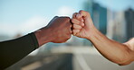 Hands, people and fist bump with support in city for agreement, fitness deal and team celebration. Men, partnership and motivation for sports success, achievement and respect with solidarity in urban