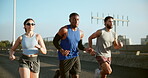 Running, friends and group in morning, fitness and routine for wellness, exercise and teamwork in city. Outdoor, personal trainer and workout for athlete, people and training for sports or healthy