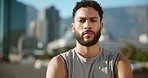 Fitness, serious and portrait of man in city for exercise, marathon training and workout outdoors. Sports, runner and person for wellness, performance and challenge in morning for endurance in town